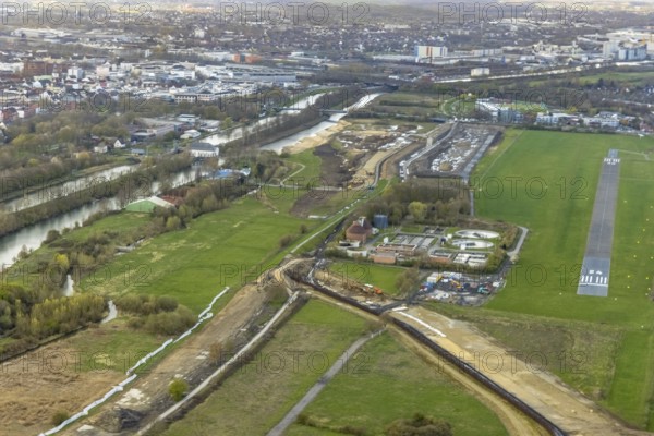 Aerial view, Lippe floodplain experience project, dyke area between city centre and airfield, new