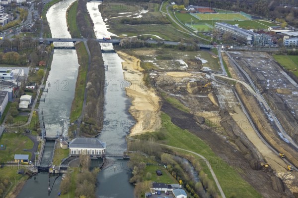 Aerial view, construction area at Jupp-Eickhoff-Weg with river Lippe and Datteln-Hamm canal,