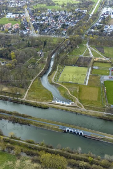 Aerial view, culvert for river Ahse. A pipe system to channel the Ahse water under the Datteln-Hamm