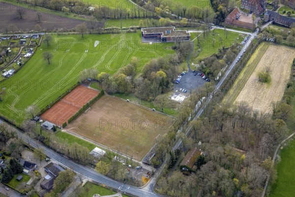 Aerial view, sports field Dolberger Straße with tennis courts near Heessen Castle, Lippeauen,
