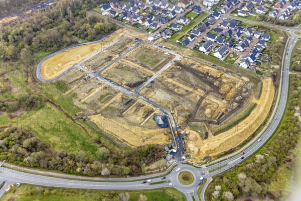 Aerial view, construction site and construction area Heimshof Ost am Sachsenring with housing