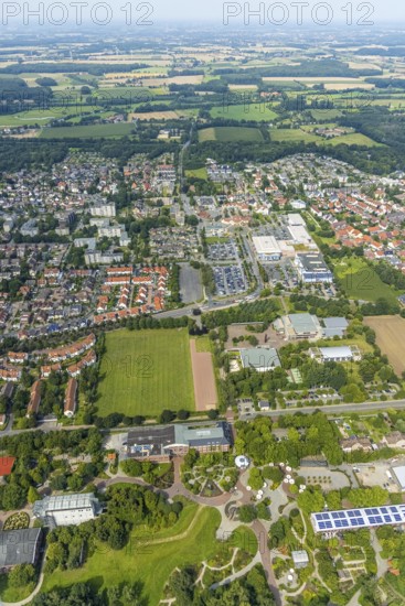 Aerial view, green area Werries with Freiherr-vom-Stein-Gymnasium Hamm, Westpress Arena and ice