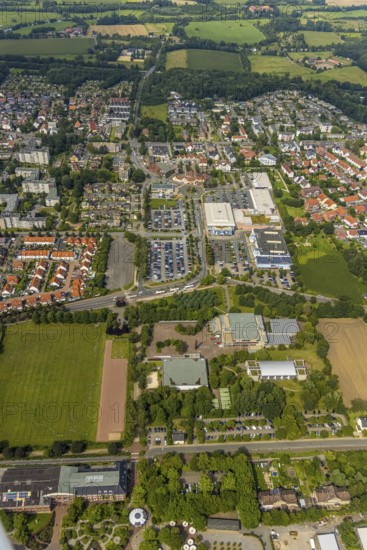 Aerial view, green area Werries with Freiherr-vom-Stein-Gymnasium Hamm, Westpress Arena and ice