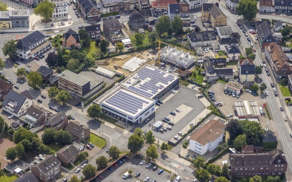 Aerial view, ALDI Nord supermarket with solar roof and construction area Heessener Gärten in