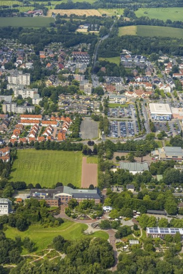Aerial view, green area Werries with Freiherr-vom-Stein-Gymnasium Hamm, Westpress Arena and ice