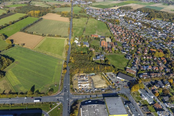Aerial view, construction area and new building for Mensing Galerie corner Werler Straße and Unnaer