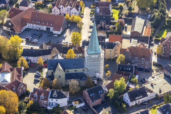 Aerial view, steeple renovation of the catholic church St. Regina in the district Rhynern in Hamm,
