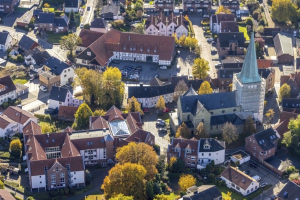 Aerial view, church tower renovation of the catholic church St. Regina and retirement home