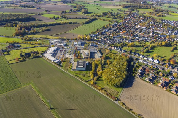 Aerial view, Konrad-Adenauer Realschule and Rewe Räker supermarket in the district Rhynern in Hamm,
