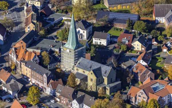 Aerial view, steeple renovation of the catholic church St. Regina in the district Rhynern in Hamm,