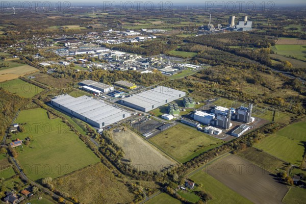 Aerial view, construction site Distribution Park between Trianelstraße and Trianel GasKraftwerk as