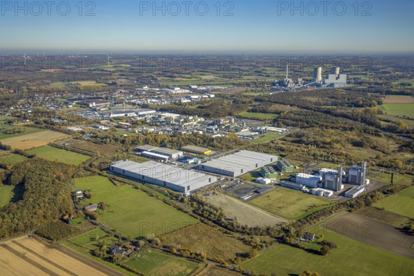 Aerial view, construction site Distribution Park between Trianelstraße and Trianel GasKraftwerk as