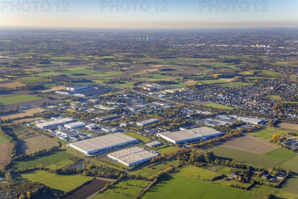 Aerial view, industrial park Rhynern between motorway A2 and federal road B63 in the district