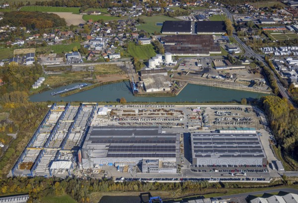 Aerial view, Goldbeck Betonelemente GmbH and Varo tank farm at the Datteln-Hamm canal in the