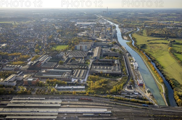 Aerial view, view from the central station to the harbour area with Datteln-Hamm canal and river