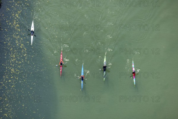Aerial view, kayaking on the river Lippe in the district Mitte in Hamm, Ruhr area, North