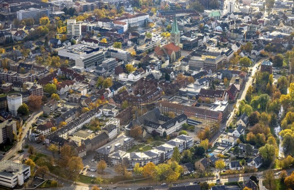 Aerial view, City with evang. Pauluskirche and Westfälischer Anzeiger Pressehaus Gutenbergstraße in