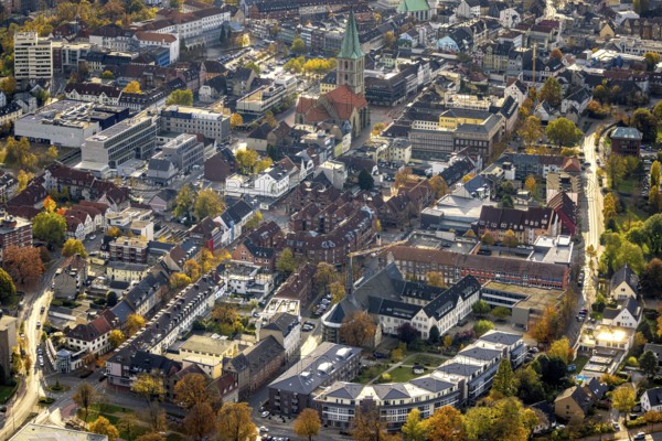 Aerial view, City with evang. Pauluskirche and Westfälischer Anzeiger Pressehaus Gutenbergstraße in