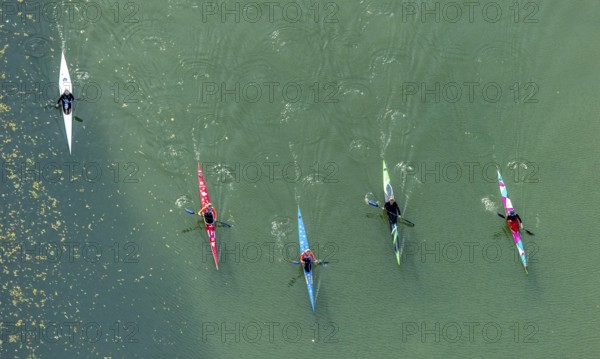 Aerial view, kayaking on the river Lippe in the district Mitte in Hamm, Ruhr area, North