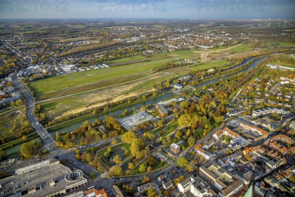 Aerial view, water sports centre at Nordringpark and Hamm airfield and new course of the flood