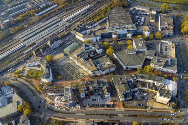 Aerial view, city centre at Platz der Deutschen Einheit and new building at Neue Bahnhofstraße in