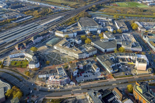 Aerial view, city centre at Platz der Deutschen Einheit and new building at Neue Bahnhofstraße in