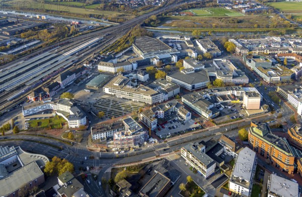 Aerial view, city centre at Platz der Deutschen Einheit and new building at Neue Bahnhofstraße in
