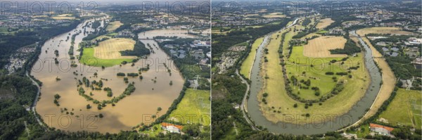 Aerial photograph, Ruhr flood, flooding, Ruhrschleife Isenbergstraße, on 15 July 2021 and then in