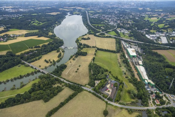 Aerial view, Haus Kemnade, a week ago there was still land under water here - the Ruhr was