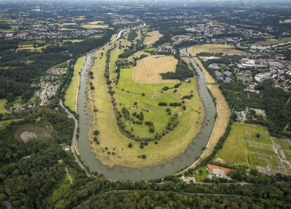 Aerial view, the Ruhr loop near Hattingen at Isenburgstraße, a week ago there was still land under