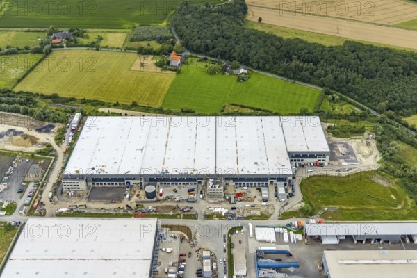 Aerial view, construction site and new building in DistributionPark Hamm, Trianelstraße and