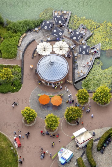 Aerial view, Maximilianpark leisure park, kiosk at the lake, Uentrop, Hamm, Ruhr area, North