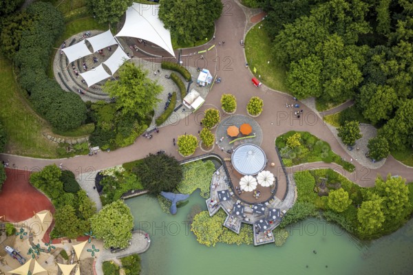 Aerial view, Maximilianpark leisure park, kiosk at the lake, Uentrop, Hamm, Ruhr area, North