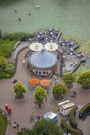 Aerial view, Maximilianpark leisure park, kiosk at the lake, Uentrop, Hamm, Ruhr area, North