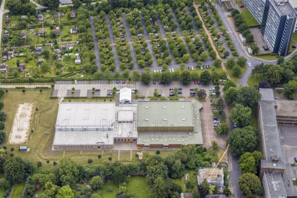 Aerial view, vaccination centre Hamm, new triple sports hall of the Friedensschule, centre, Hamm,