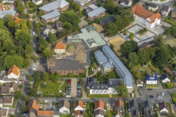Aerial view, catholic Heilig Kreuz church and Caritas retirement home St. Josef in the district of