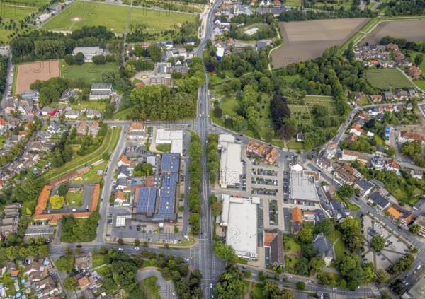 Aerial view, local supply centre with Rewe, Edeka and Aldi supermarket on Dortmunder Straße in