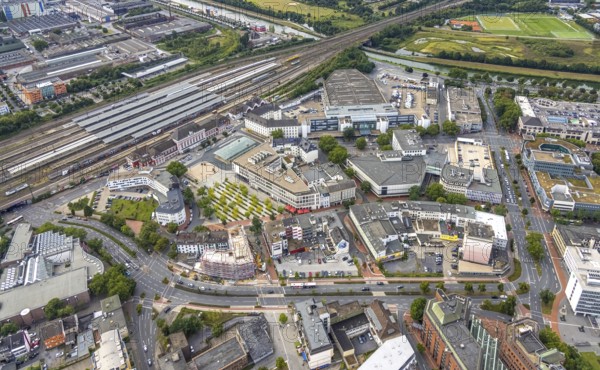 Aerial view, city centre view with Platz der Deutschen Einheit and Hamm Westf. Main railway station