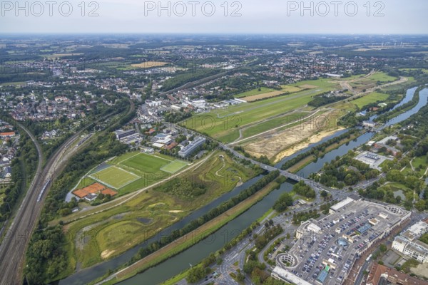 Aerial view, construction site of the Lippe floodplain experience project on the River Lippe and