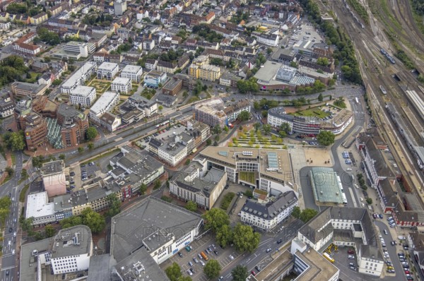Aerial view, city centre view city with Platz der Deutschen Einheit at Hamm main station as well as