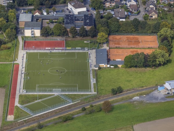 Aerial view, football training on the sports field Alte Soester Straße in the district Uentrop in