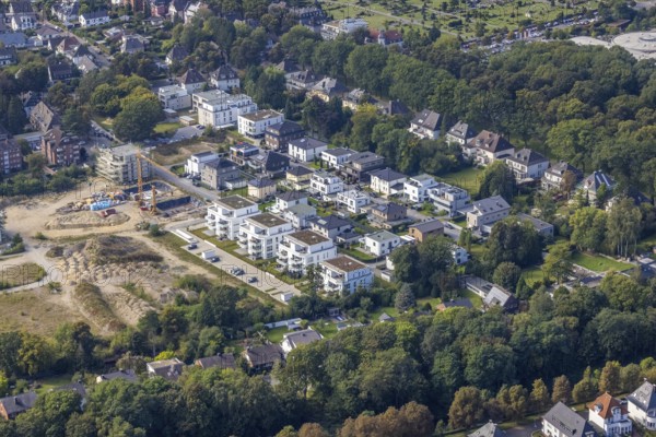 Aerial view, construction site and new construction of the Paracelsuskarree housing estate at the