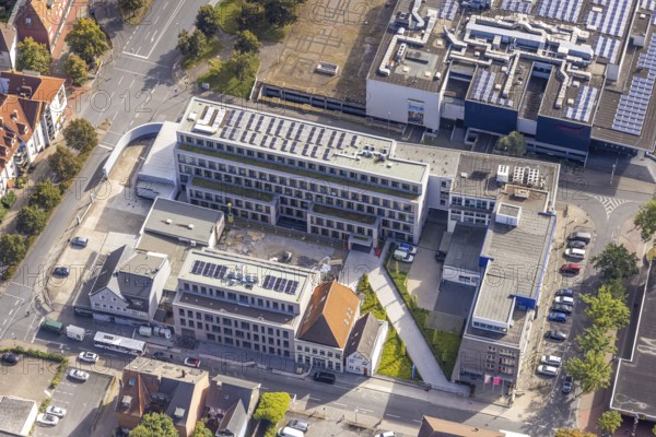 Aerial view, Radio Lippewelle Hamm and construction site with new building on Widumstraße for new