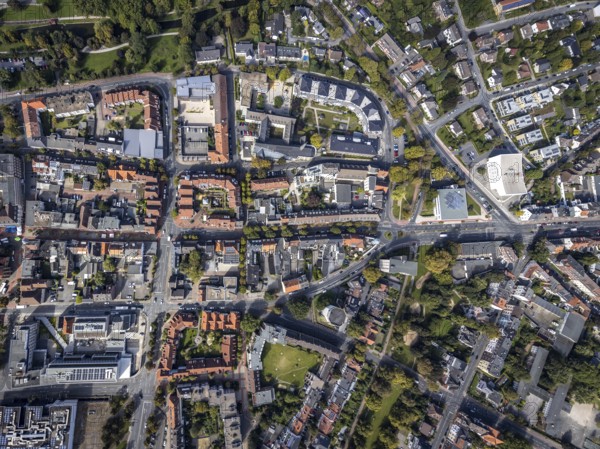 Aerial view, residential area Nordenwall and Oststraße with catholic parish church St. Agnes and