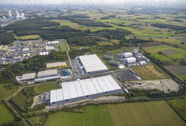 Aerial view, construction site Distribution Park between Trianelstraße and Trianel power plant in