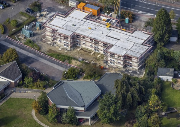 Aerial view, construction site and new construction of senior citizens' flats Alter Uentroper Weg