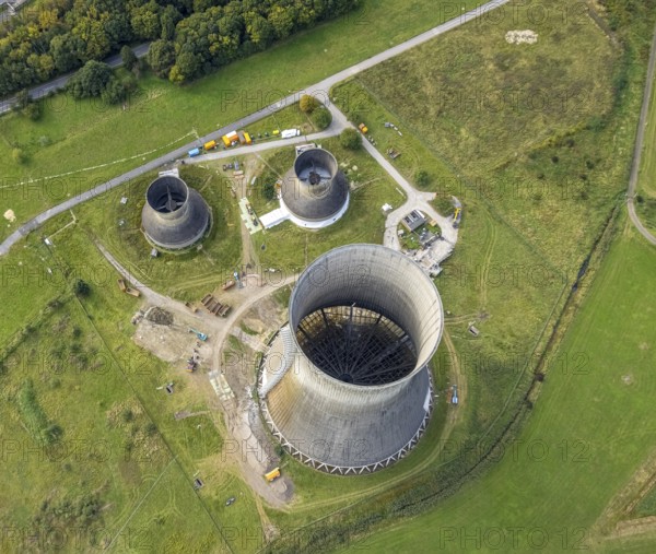Aerial view, RWE power plant Westfalen and demolition of the small cooling towers in the district