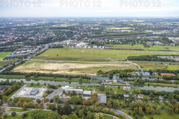 Aerial view, Hamm airfield and construction site for the Lippe floodplain project on the river