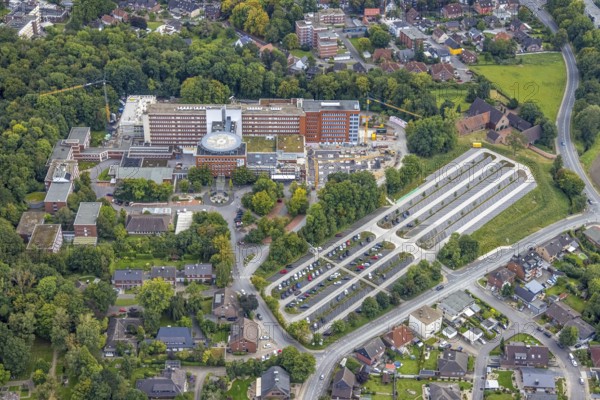 Aerial view, construction site with extension at the St. Barbara Clinic in the district of Heessen