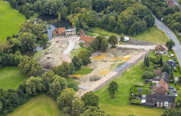 Aerial view, construction site and renovation of the Schlossmühle am Mühlengraben am Mühlenteich in
